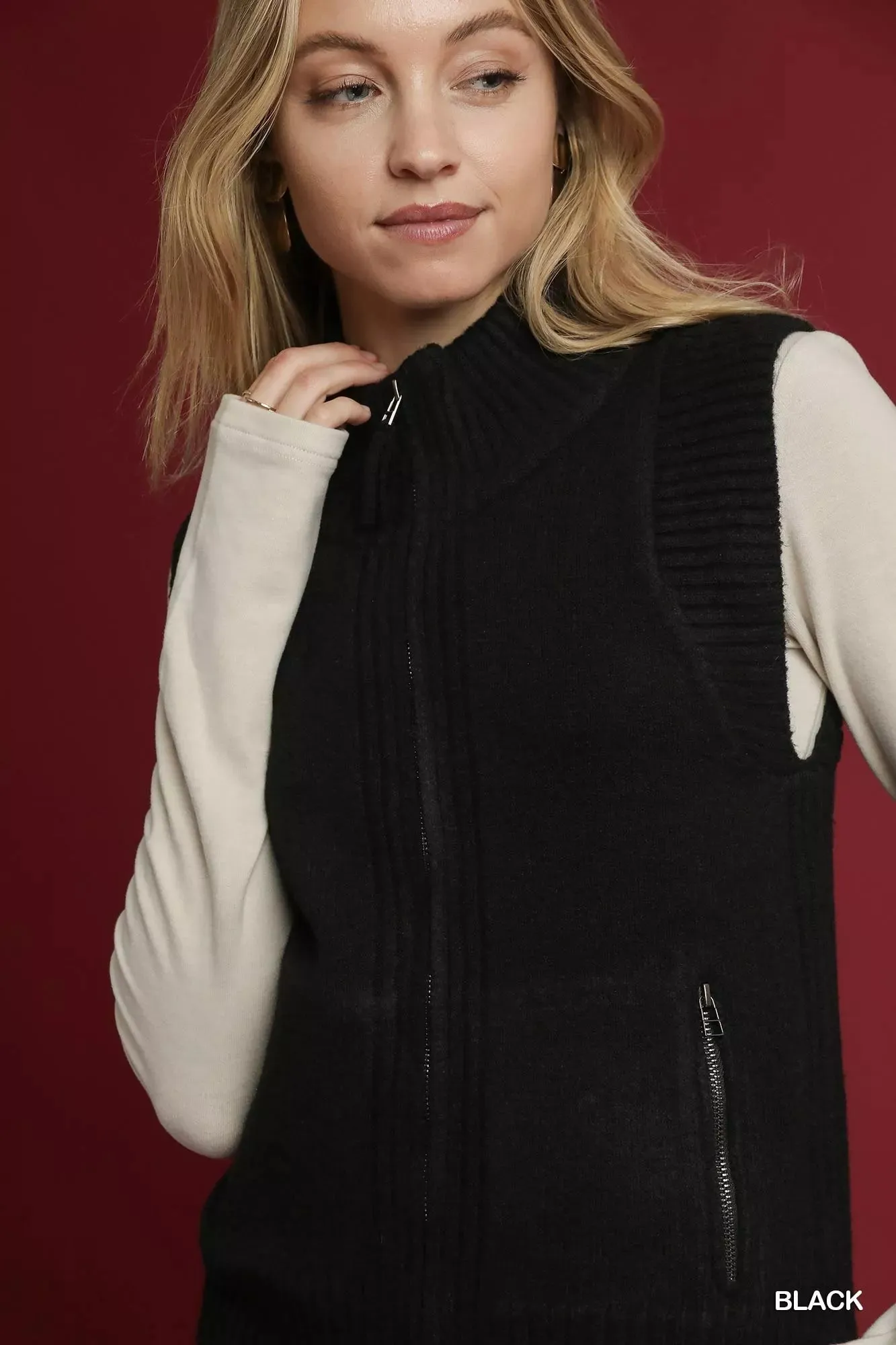 Umgee Zip-Up Sweater Vest with Ribbed Trim sold by Charming Charlie product image thumbnail 5