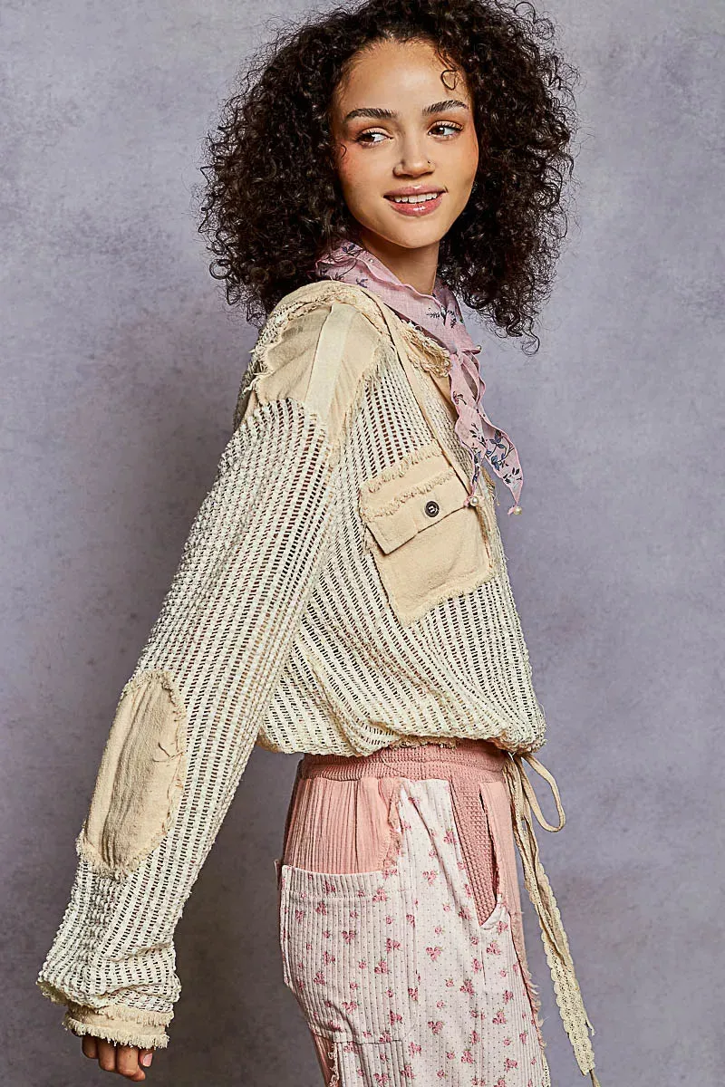 POL Texture Woven Button Down Hooded Shirt with Drawstring Hem sold by Charming Charlie product image thumbnail 4