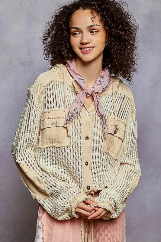 POL Texture Woven Button Down Hooded Shirt with Drawstring Hem sold by Charming Charlie