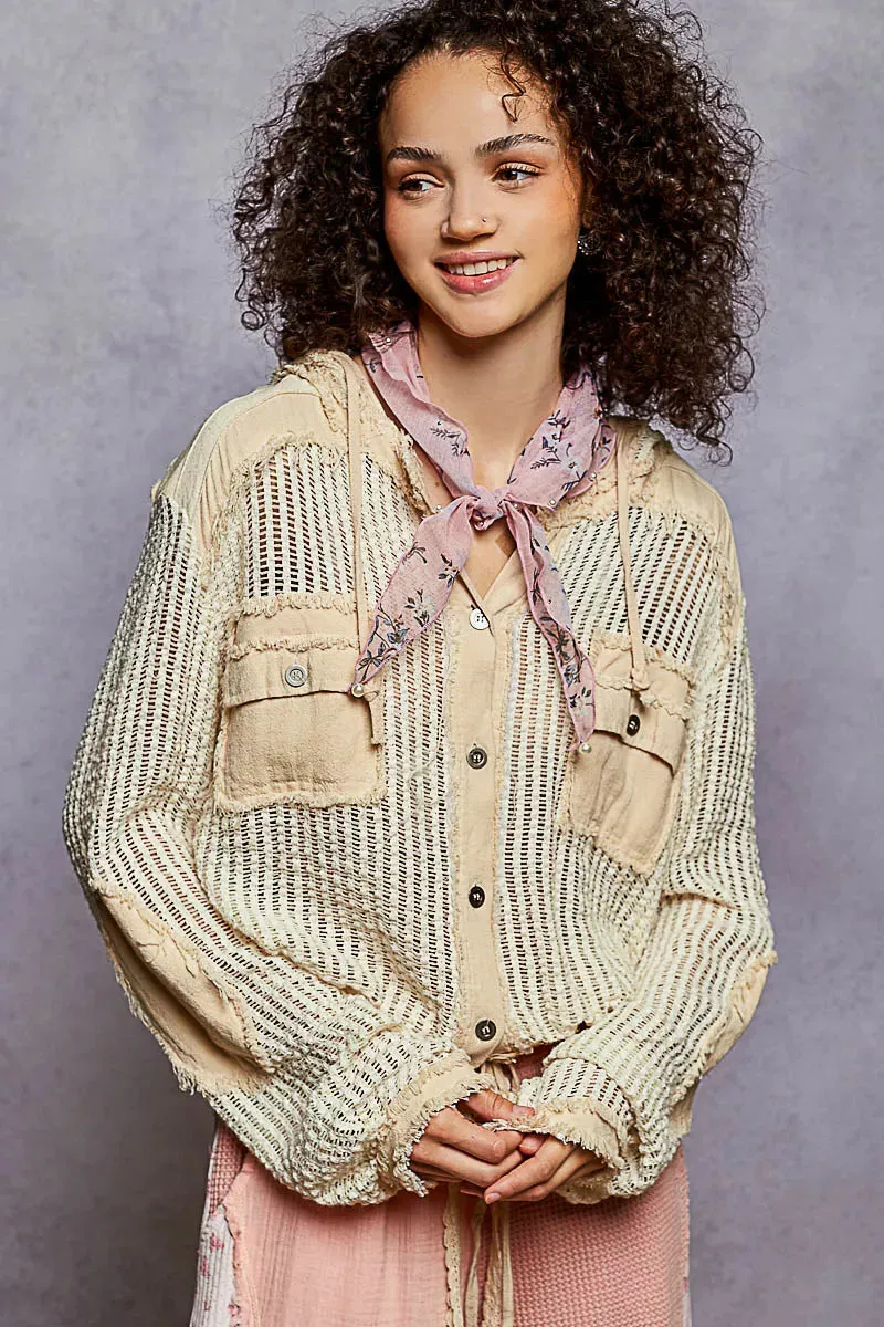 POL Texture Woven Button Down Hooded Shirt with Drawstring Hem sold by Charming Charlie