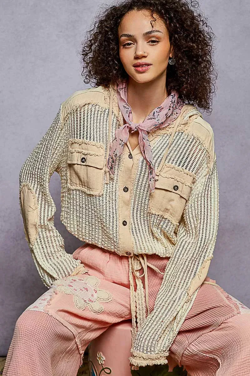 POL Texture Woven Button Down Hooded Shirt with Drawstring Hem sold by Charming Charlie product image thumbnail 2