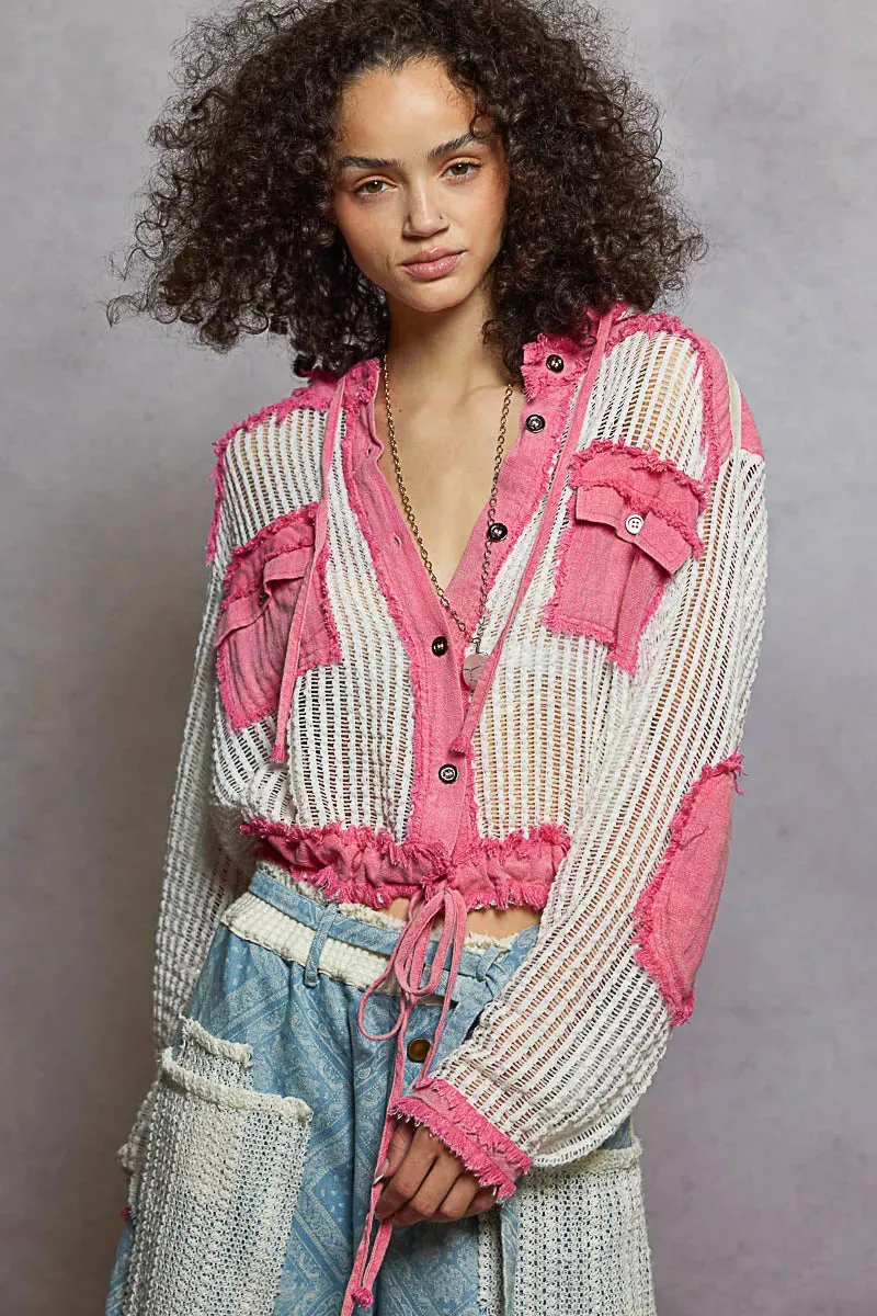 POL Texture Woven Button Down Hooded Shirt with Drawstring Hem sold by Charming Charlie product image thumbnail 2