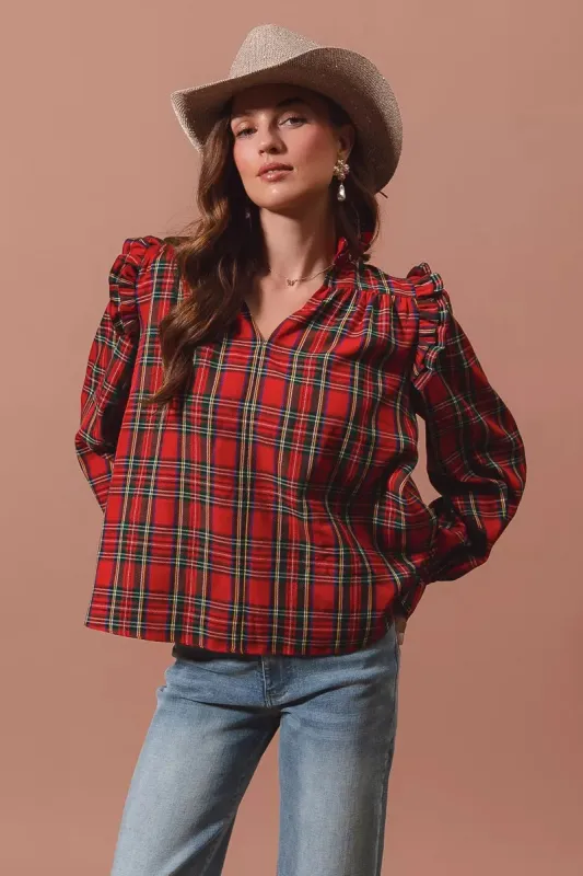 SO ME Christmas Checkered Plaid Smocked Blouse sold by Charming Charlie