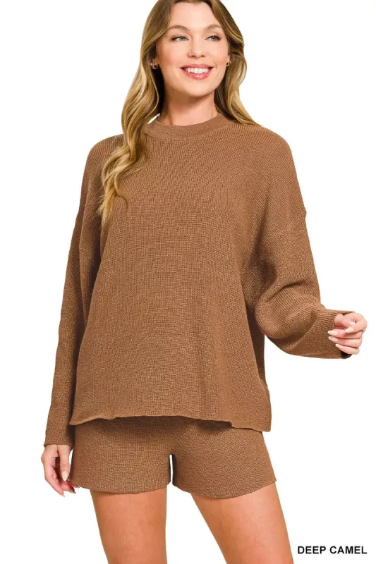 Zenana Round Neck Knit Top and Shorts Sweater Set sold by Charming Charlie