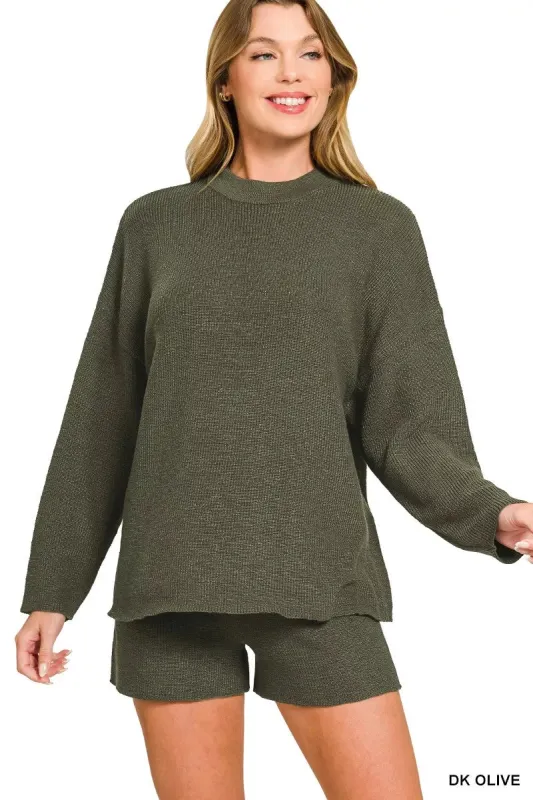Zenana Round Neck Knit Top and Shorts Sweater Set sold by Charming Charlie