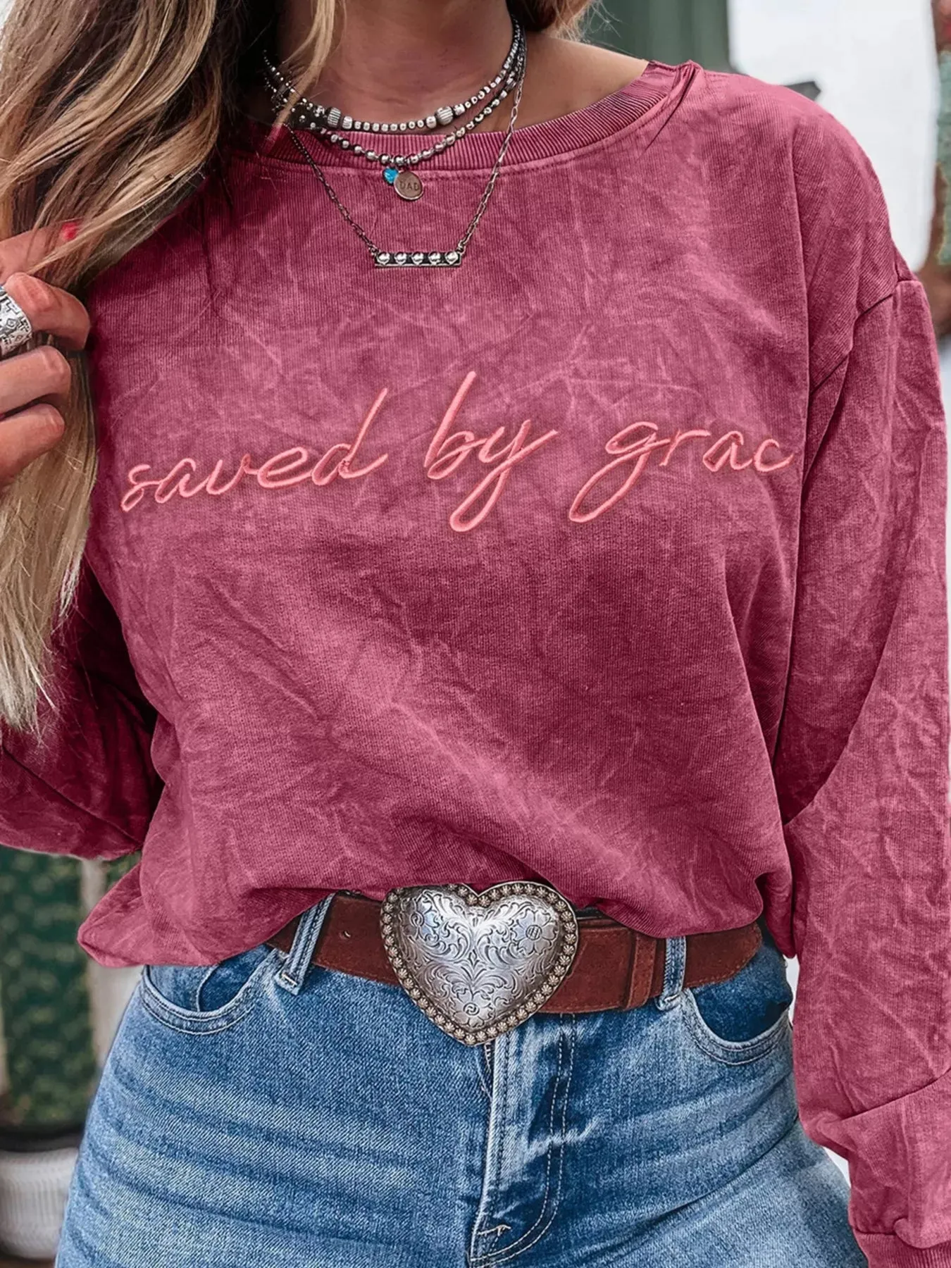 Saved By Grace Letter Embroidery Mineral Wash Loose Sweatshirt sold by Charming Charlie product image thumbnail 2