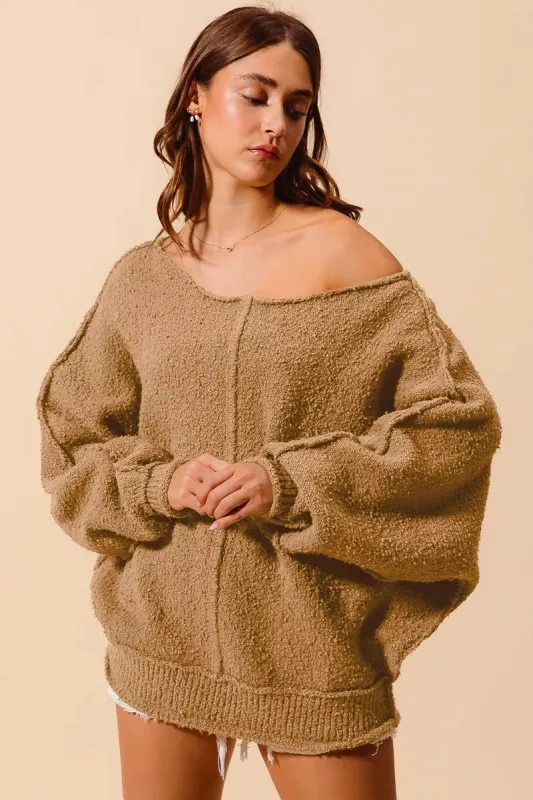 SO ME Loose Fit Exposed Seam Slouchy Boucle Sweater sold by Charming Charlie