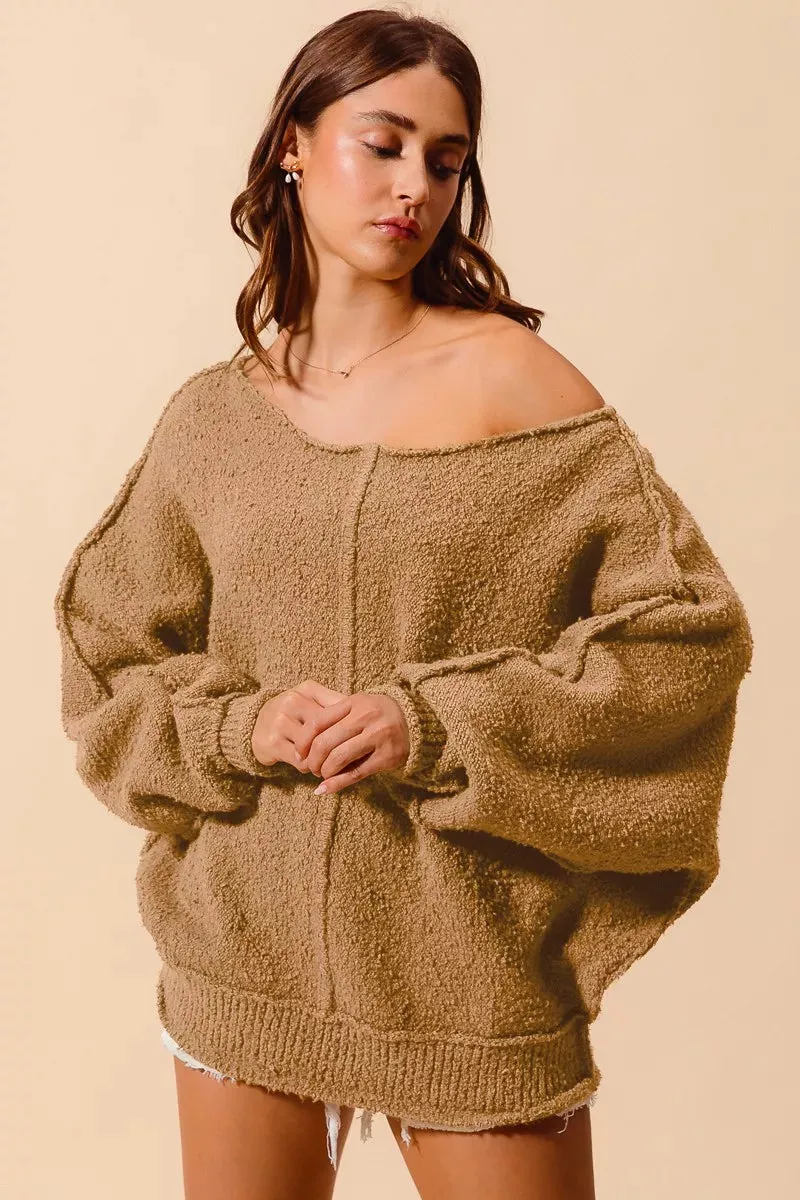 SO ME Loose Fit Exposed Seam Slouchy Boucle Sweater sold by Charming Charlie