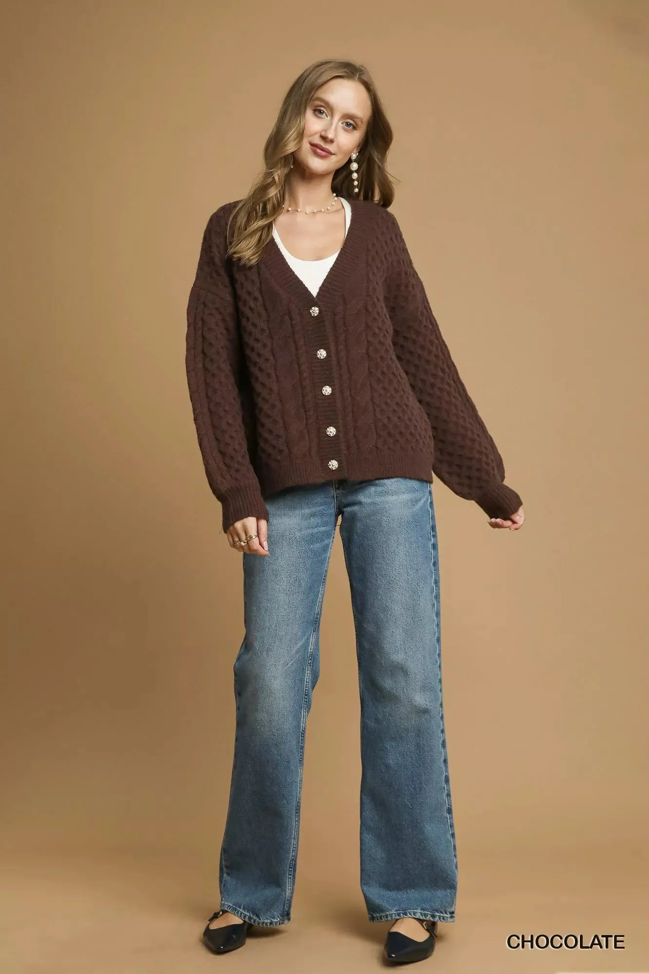 Umgee Cable Knit Pearl Button Cardigan sold by Charming Charlie product image thumbnail 5