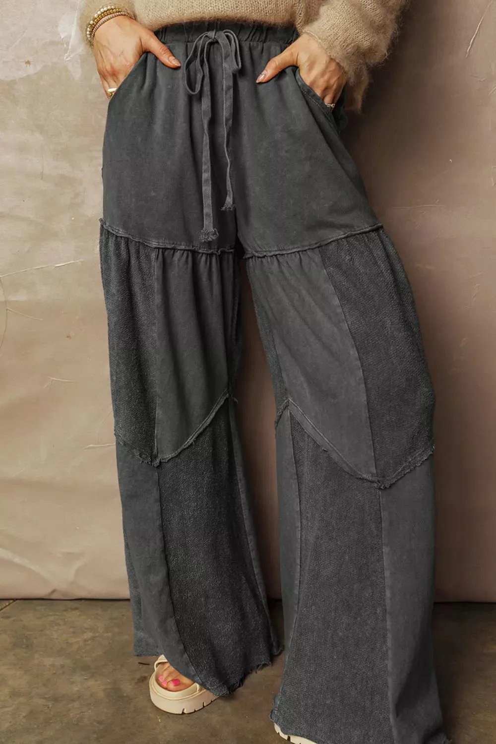 Mineral Wash Tiered Wide Leg Patchwork Drawstring Pants sold by Charming Charlie product image thumbnail 4