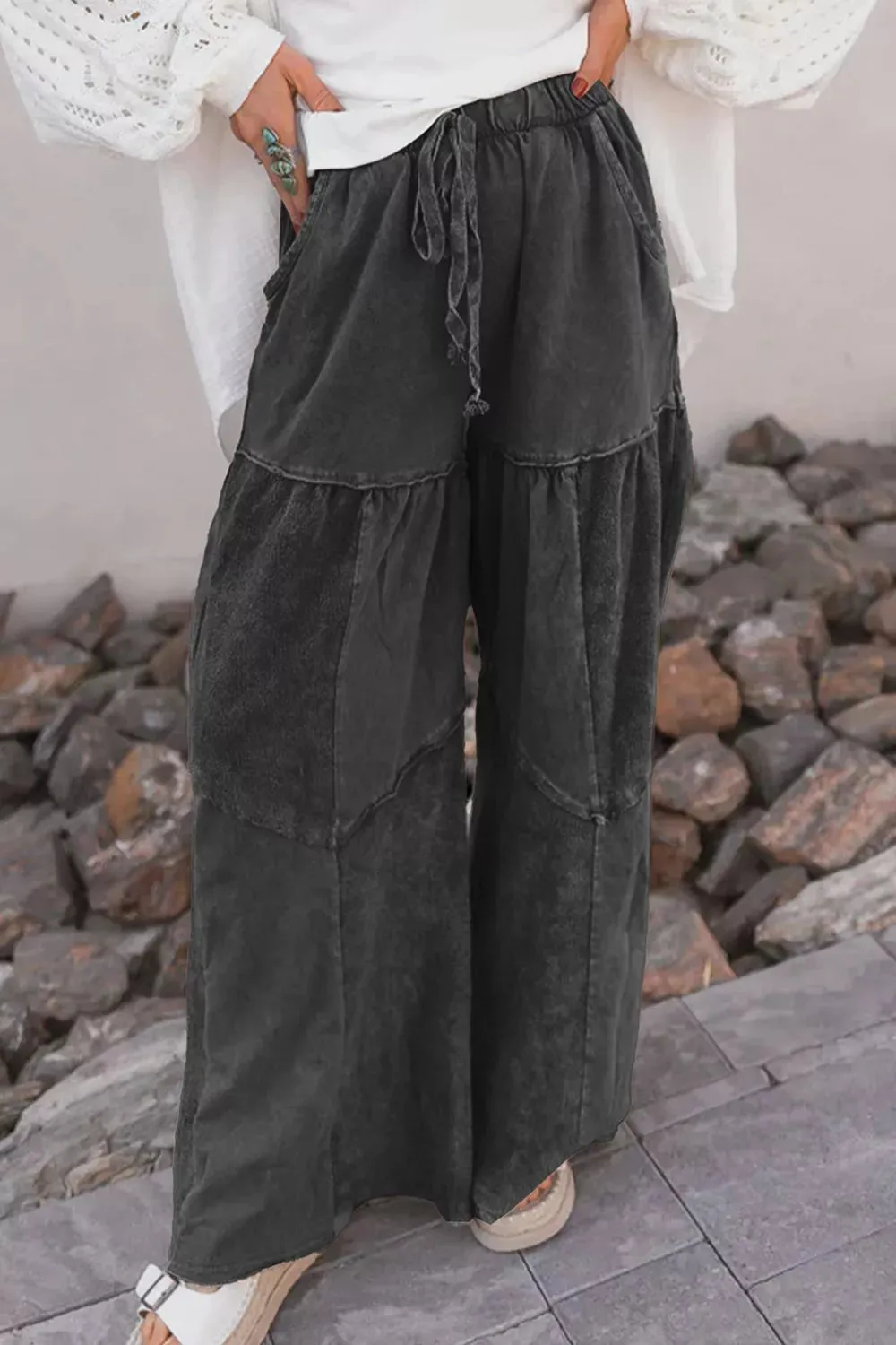 Mineral Wash Tiered Wide Leg Patchwork Drawstring Pants sold by Charming Charlie