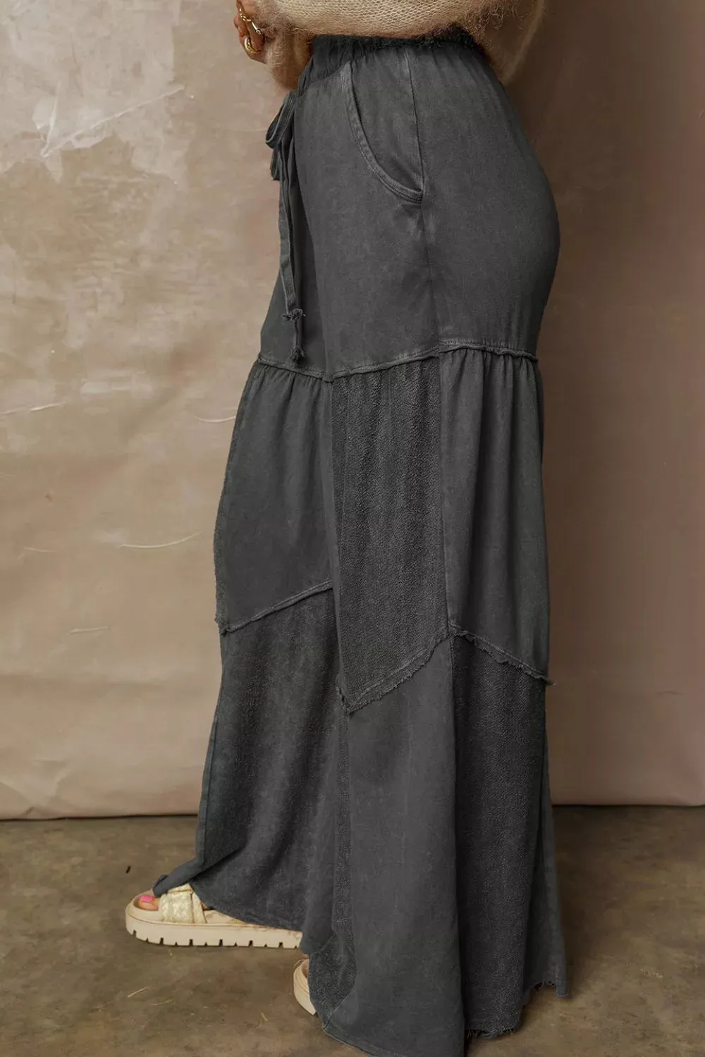 Mineral Wash Tiered Wide Leg Patchwork Drawstring Pants sold by Charming Charlie product image thumbnail 5