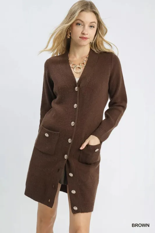 Umgee Button-Down Longline Sweater Cardigan with Front Pockets sold by Charming Charlie