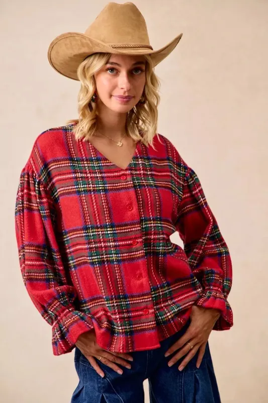 BiBi Christmas Plaid V-Neck Flounce Sleeve Jacket sold by Charming Charlie