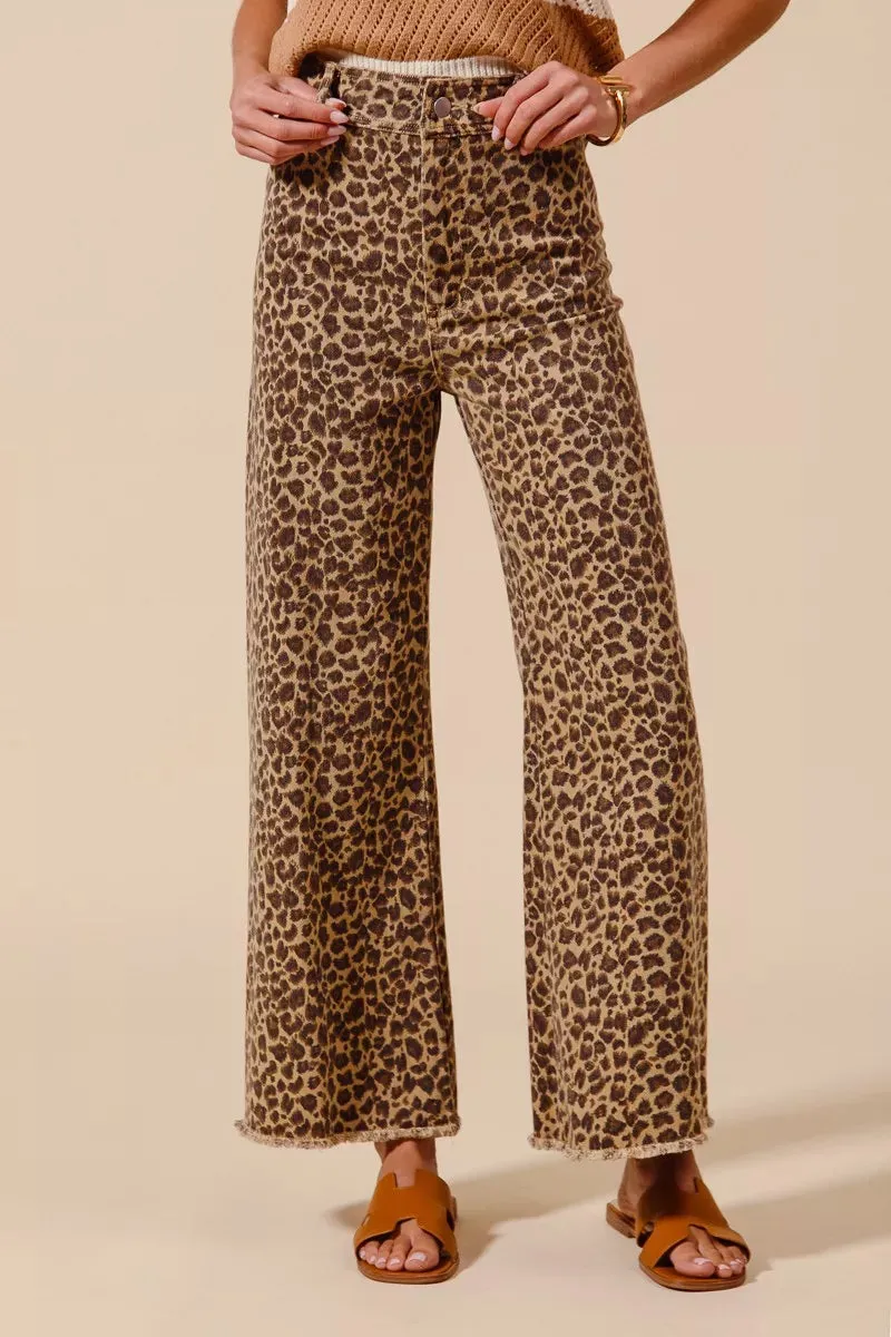 SO ME Mid Rise Leopard Twill Frayed Hem Wide Leg Pants sold by Charming Charlie