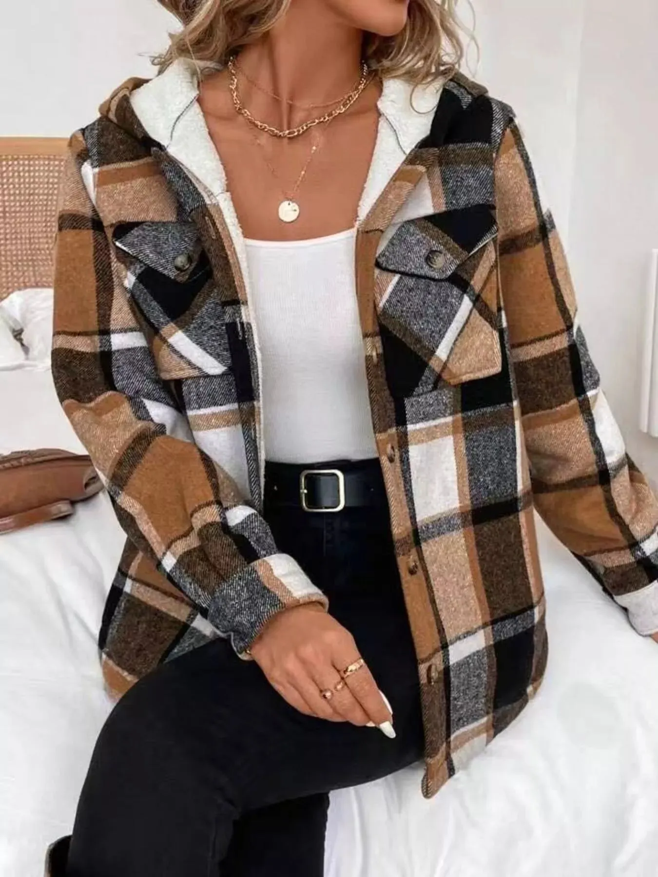Hooded Plaid Button Up Jacket sold by Charming Charlie product image thumbnail 3