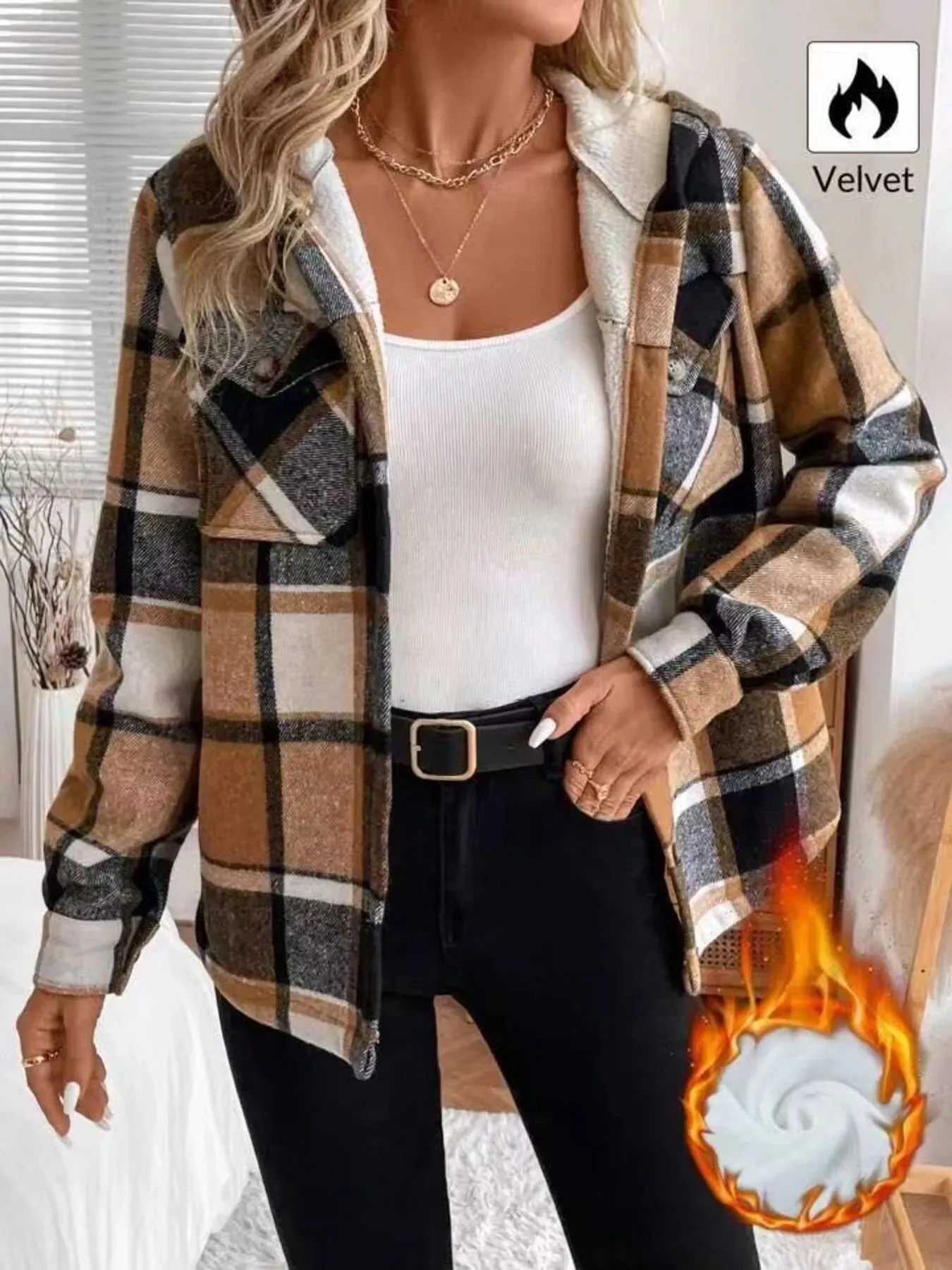 Hooded Plaid Button Up Jacket sold by Charming Charlie product image thumbnail 5