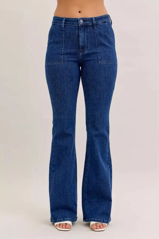 Judy Blue High Waist Flare Jeans with Front Patch Pockets sold by Charming Charlie