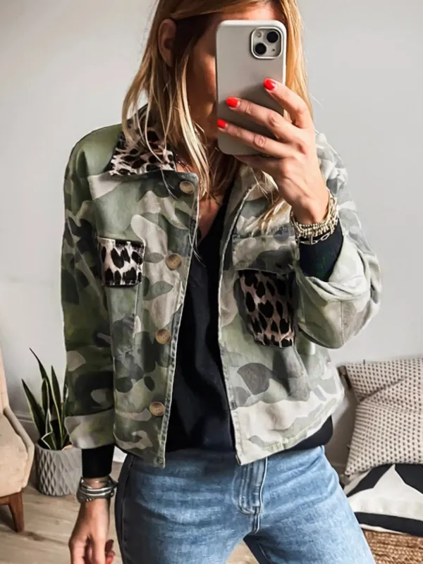 Camo Print Leopard Trim Button Up Jacket sold by Charming Charlie