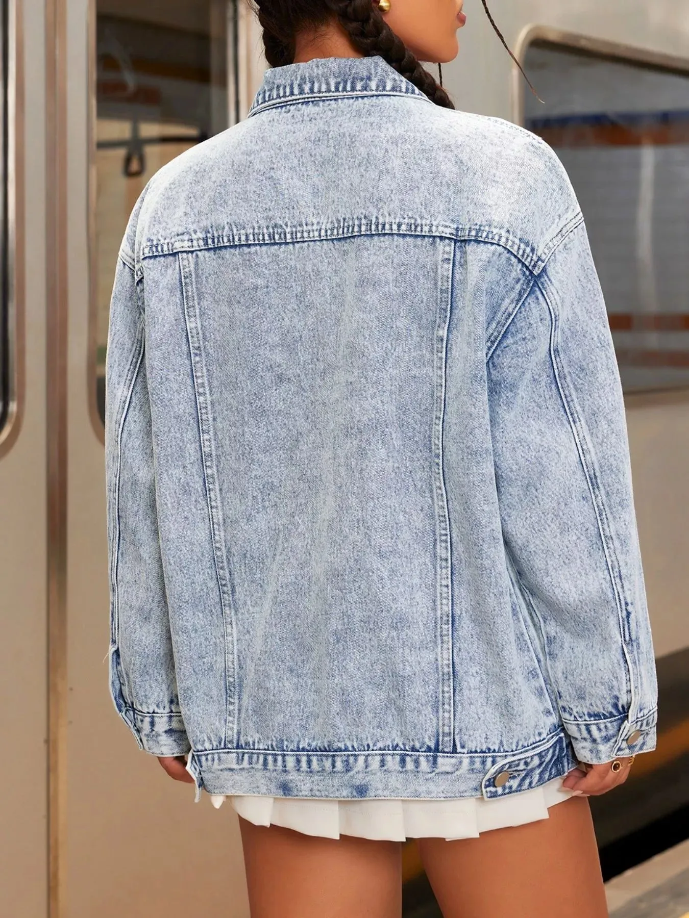 Distressed Wash Button Up Denim Jacket sold by Charming Charlie product image thumbnail 2