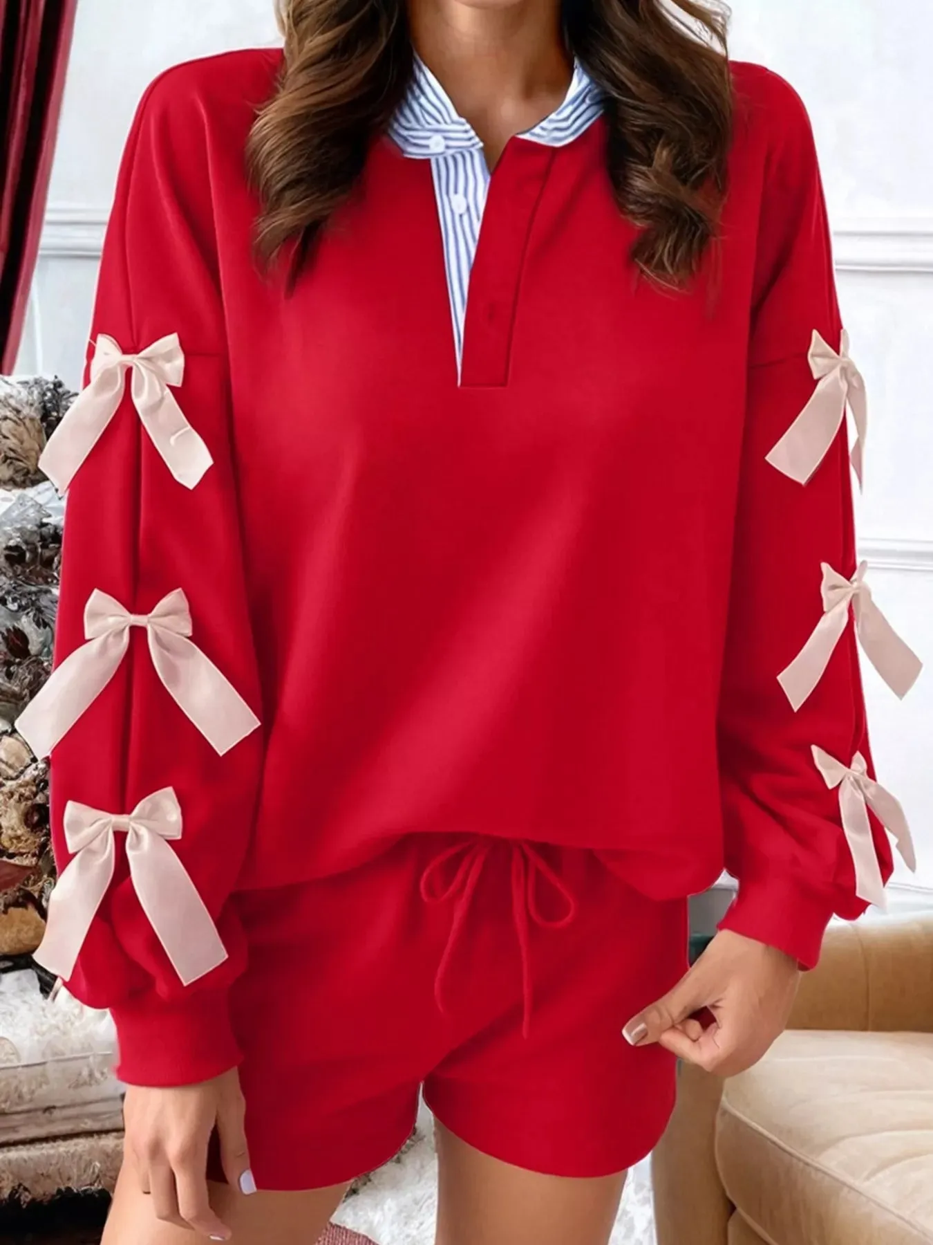 Striped Collar Patchwork Satin Bow Sweatshirt and Shorts Set sold by Charming Charlie