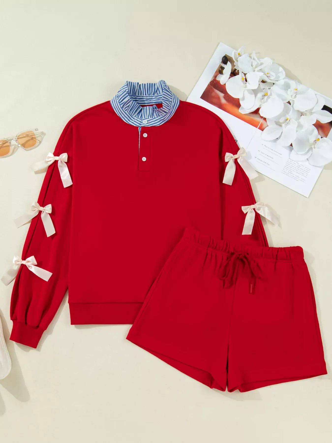 Striped Collar Patchwork Satin Bow Sweatshirt and Shorts Set sold by Charming Charlie product image thumbnail 2