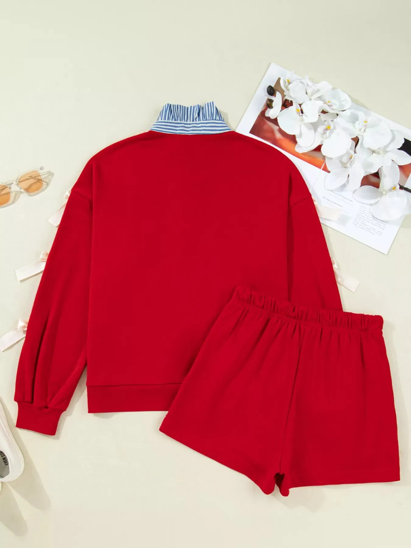 Striped Collar Patchwork Satin Bow Sweatshirt and Shorts Set sold by Charming Charlie product image thumbnail 3