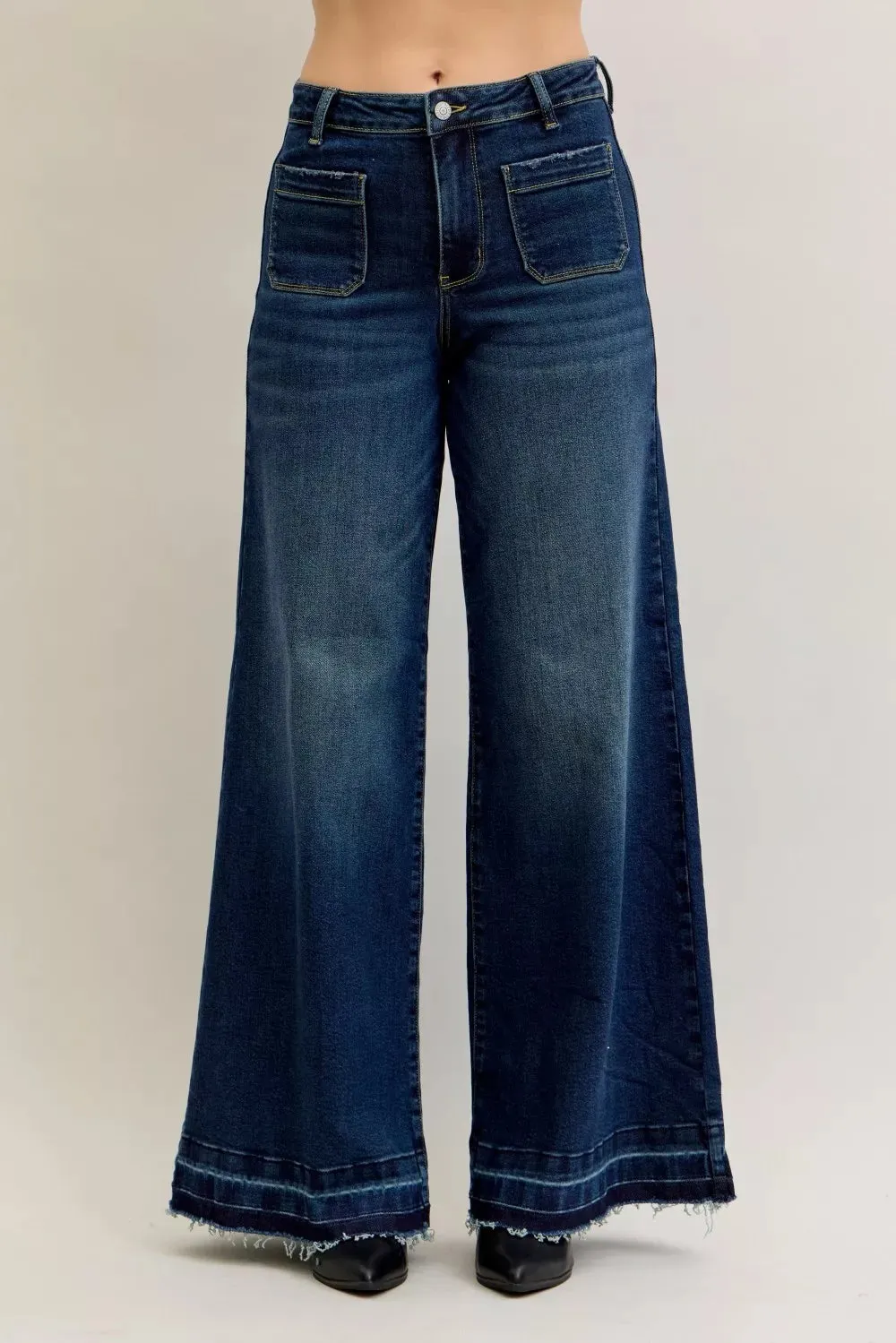Judy Blue High Waist Palazzo Jeans with Front Patch Pockets sold by Charming Charlie