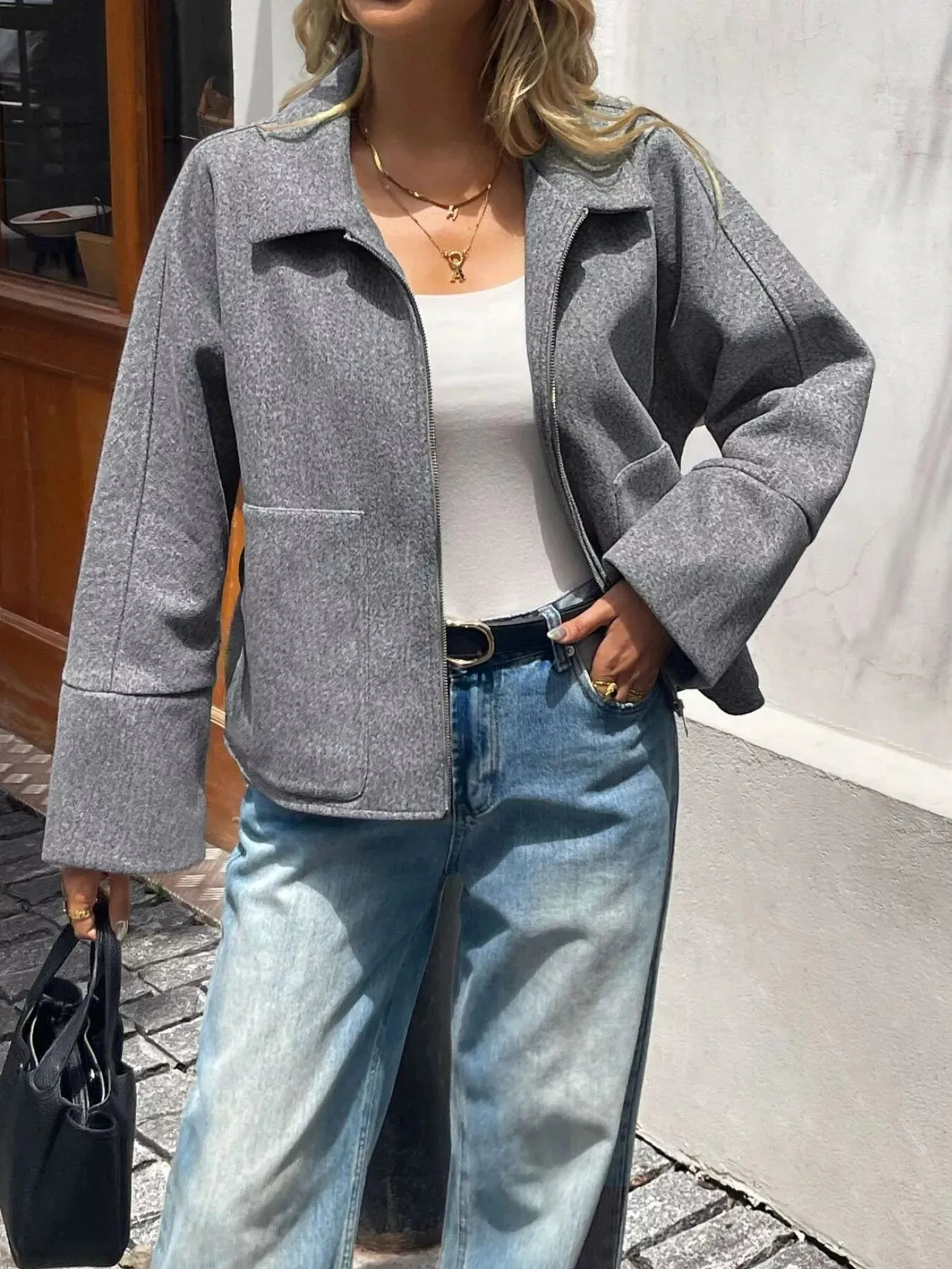 Oversized Collared Neck Zip-Up Jacket sold by Charming Charlie product image thumbnail 2