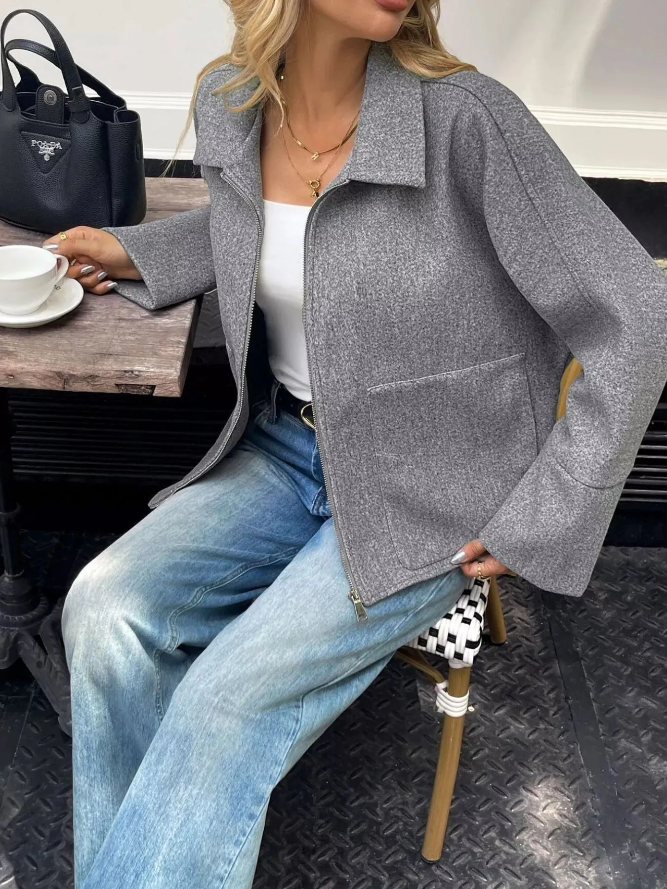 Oversized Collared Neck Zip-Up Jacket sold by Charming Charlie product image thumbnail 3