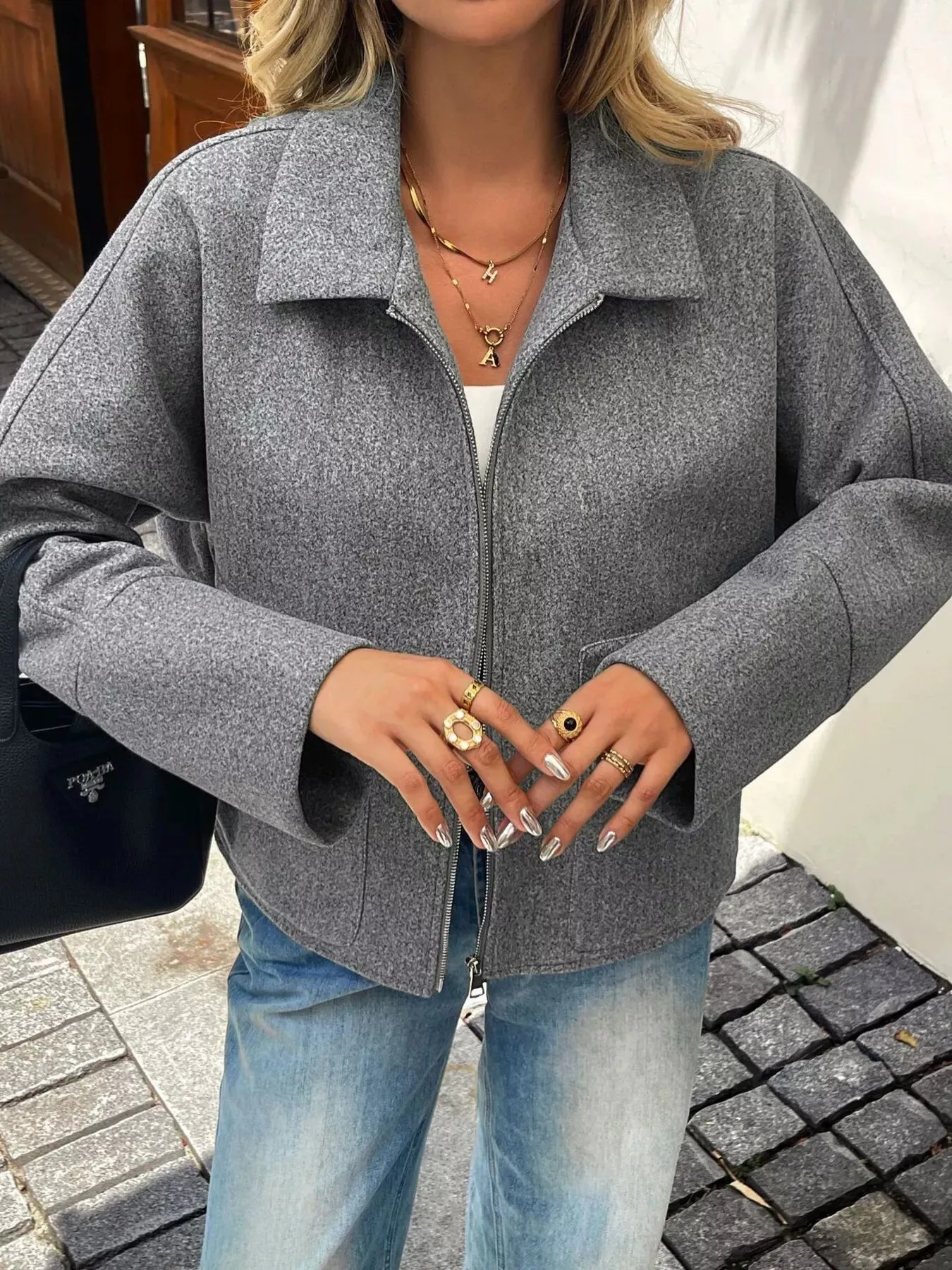 Oversized Collared Neck Zip-Up Jacket sold by Charming Charlie product image thumbnail 4