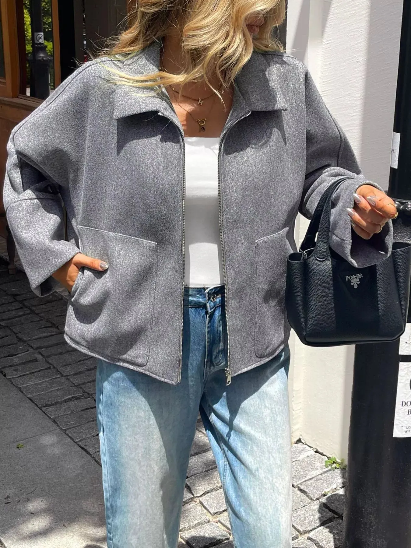 Oversized Collared Neck Zip-Up Jacket sold by Charming Charlie