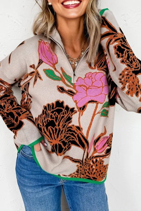 Floral Knit Quarter-Zip Long Sleeve Sweater sold by Charming Charlie