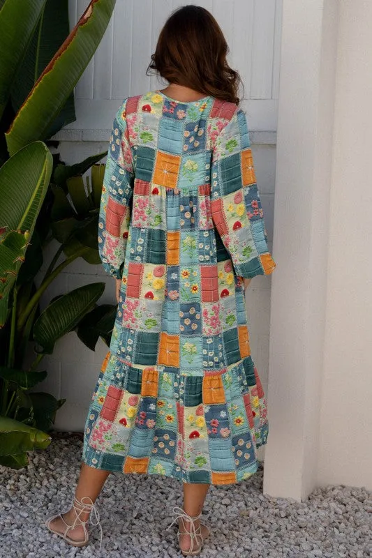 Floral Patchwork Long Sleeve Ruffle Hem Midi Dress sold by Charming Charlie product image thumbnail 2