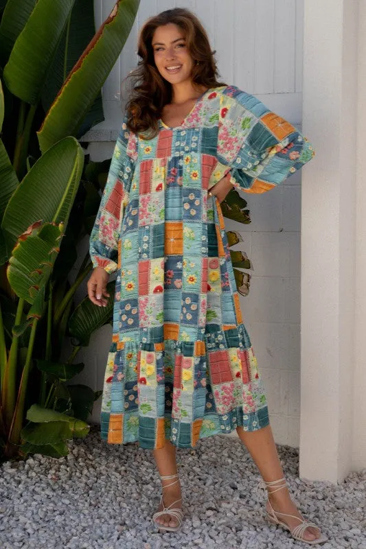 Floral Patchwork Long Sleeve Ruffle Hem Midi Dress sold by Charming Charlie product image thumbnail 4