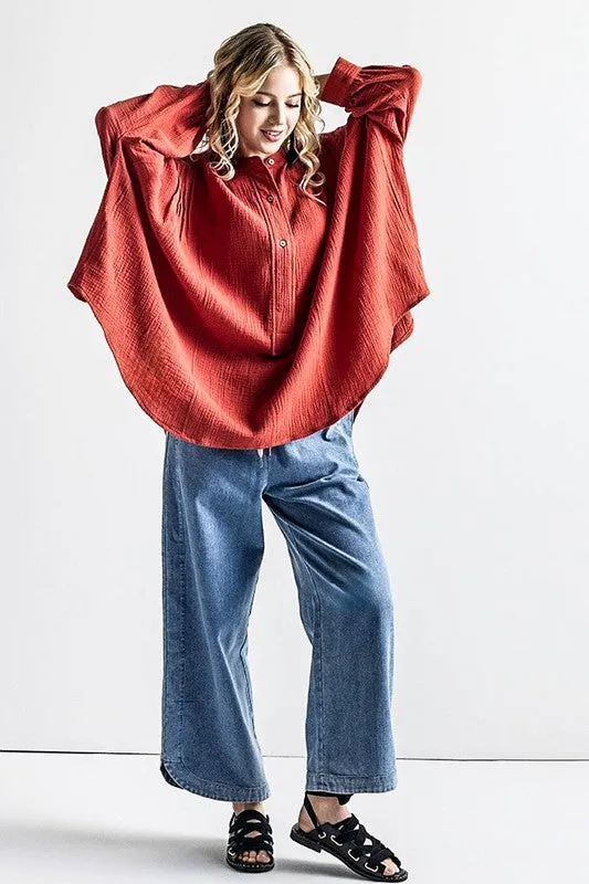 Oversized Pleat Ballon sleeve High and low Top sold by Charming Charlie