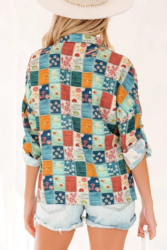 Floral Patchwork Long Sleeve Collar V-Neck Blouse sold by Charming Charlie product image thumbnail 2