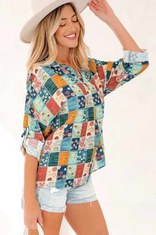 Floral Patchwork Long Sleeve Collar V-Neck Blouse sold by Charming Charlie product image thumbnail 3
