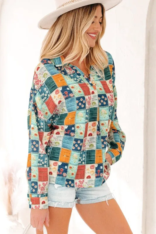 Floral Patchwork Long Sleeve Collar V-Neck Blouse sold by Charming Charlie product image thumbnail 4
