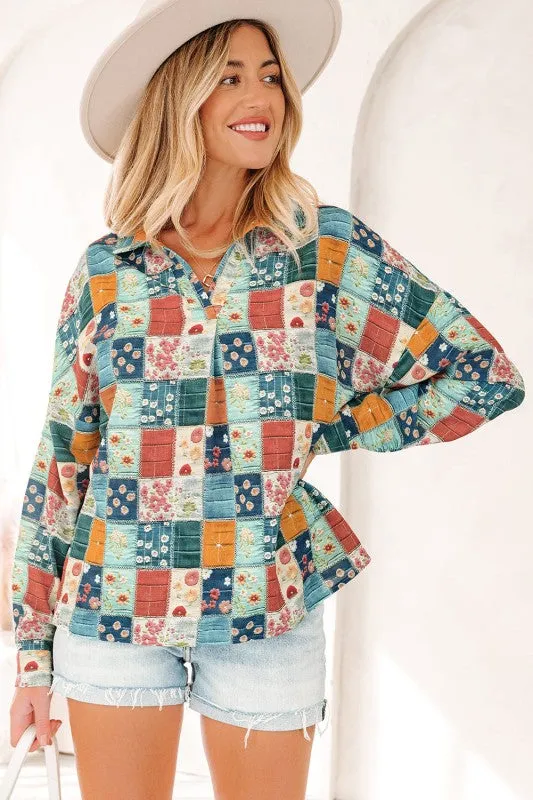 Floral Patchwork Long Sleeve Collar V-Neck Blouse sold by Charming Charlie