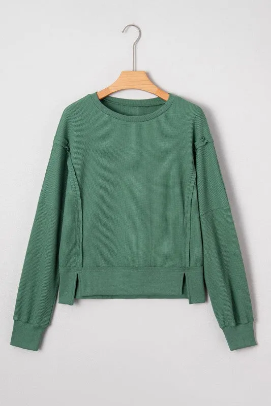 Solid Ribbed Raw Seam Patchwork Drop Shoulder Swea sold by Charming Charlie product image thumbnail 3