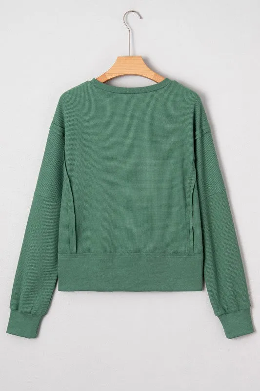Solid Ribbed Raw Seam Patchwork Drop Shoulder Swea sold by Charming Charlie product image thumbnail 4