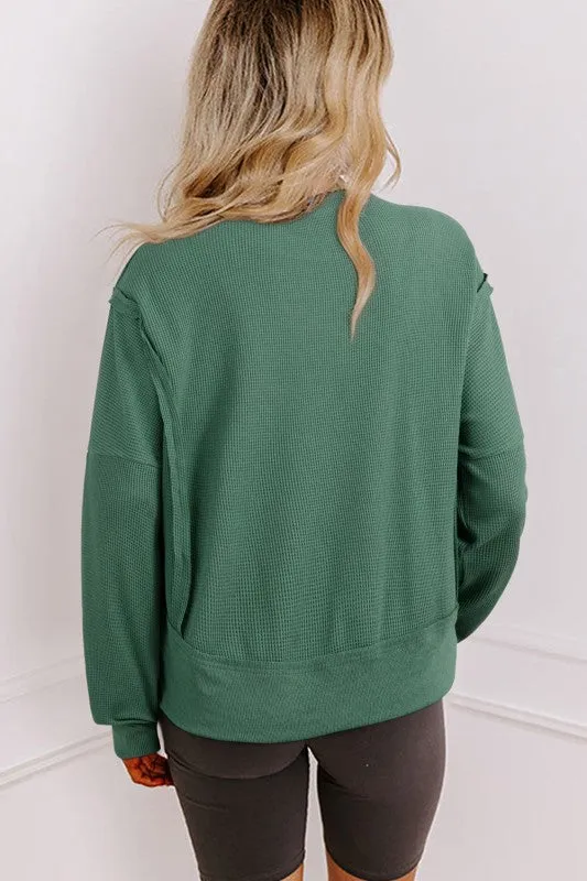 Solid Ribbed Raw Seam Patchwork Drop Shoulder Swea sold by Charming Charlie product image thumbnail 2