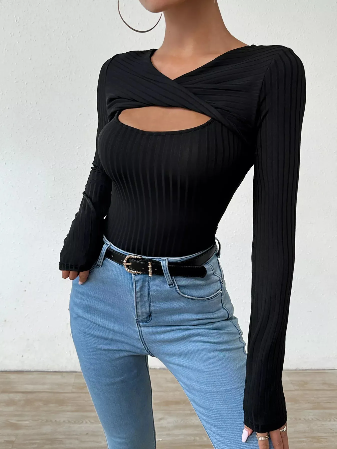 Twist Front Cutout Ribbed Long Sleeve T-Shirt sold by Charming Charlie product image thumbnail 4
