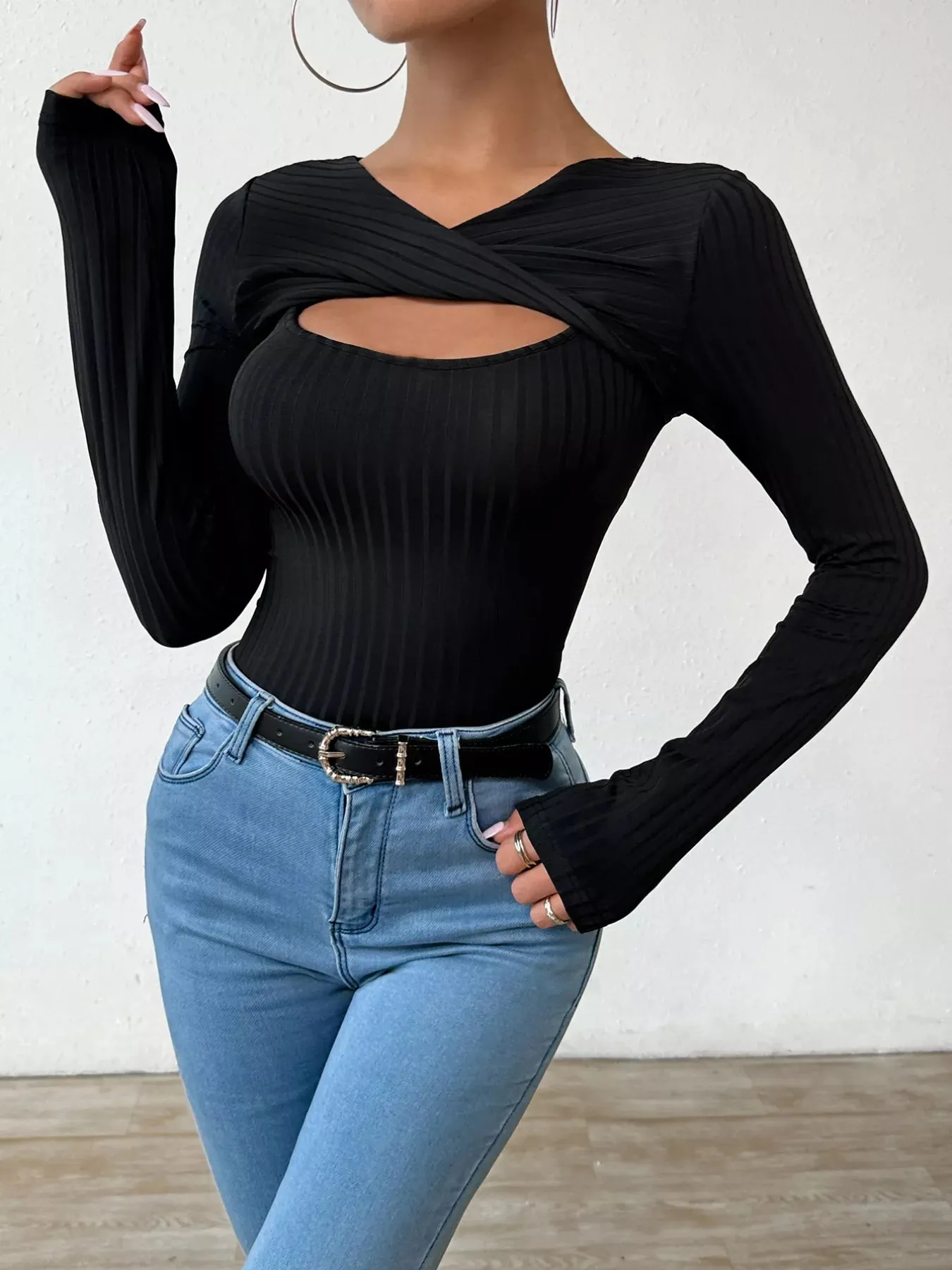 Twist Front Cutout Ribbed Long Sleeve T-Shirt sold by Charming Charlie product image thumbnail 5