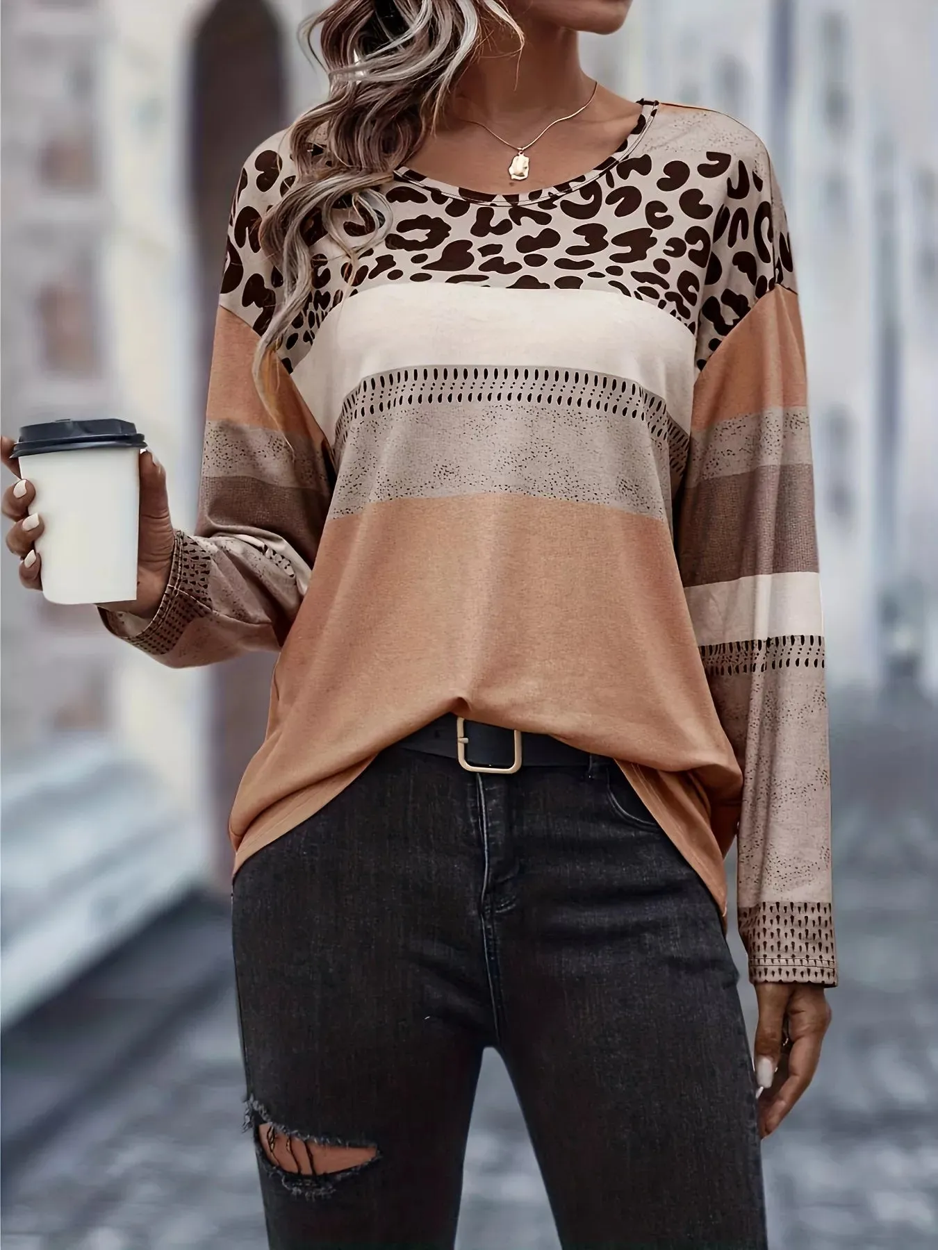 Plus Size Leopard Print Color Block Long Sleeve T-Shirt sold by Charming Charlie product image thumbnail 3