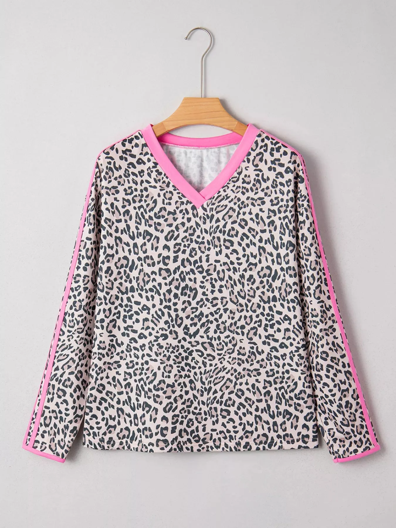 Leopard Print Contrast V Neck Varsity Stripe Detail Long Sleeve Top sold by Charming Charlie product image thumbnail 2