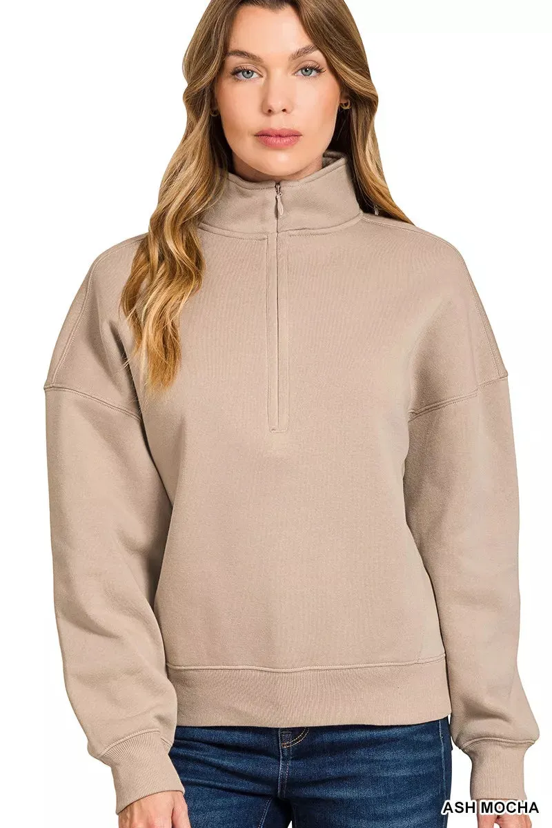 Zenana Fleece High Neck Half Zip Sweatshirt sold by Charming Charlie