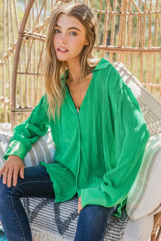 The Grass is Always Greener Pleated Silk Blouse sold by Charming Charlie