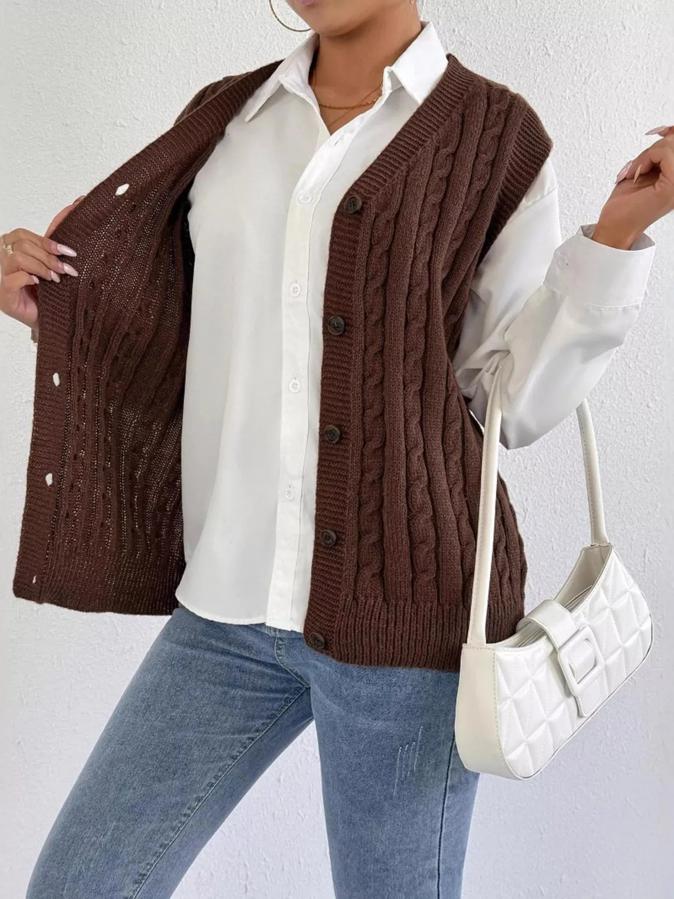 Cable-Knit Button-Up Sweater Vest sold by Charming Charlie product image thumbnail 4
